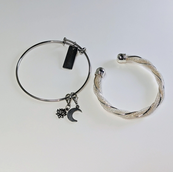 (x2) Silver Bracelets Mesh Cuff Bangle and Solid Charm Bangle Bracelets - Picture 1 of 7